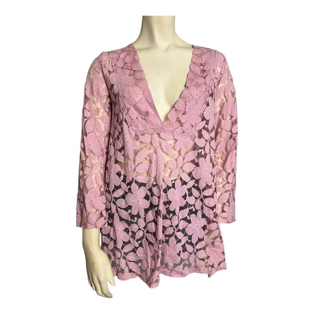 J Valdi Women's Pink Floral Lace 3/4 Sleeve Deep V-Neck Tops Blouse Size Small